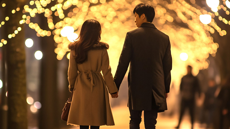 寄り添って歩く男女